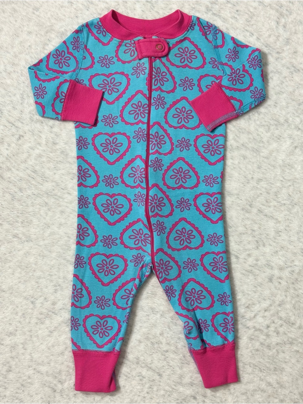 Hanna Andersson Blue Pink Heart Zip Sleeper 6-9M Baby Girl Cotton Valentine